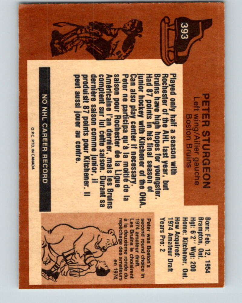1975-76 O-Pee-Chee #393 Peter Sturgeon RC Rookie Boston Bruins V6925