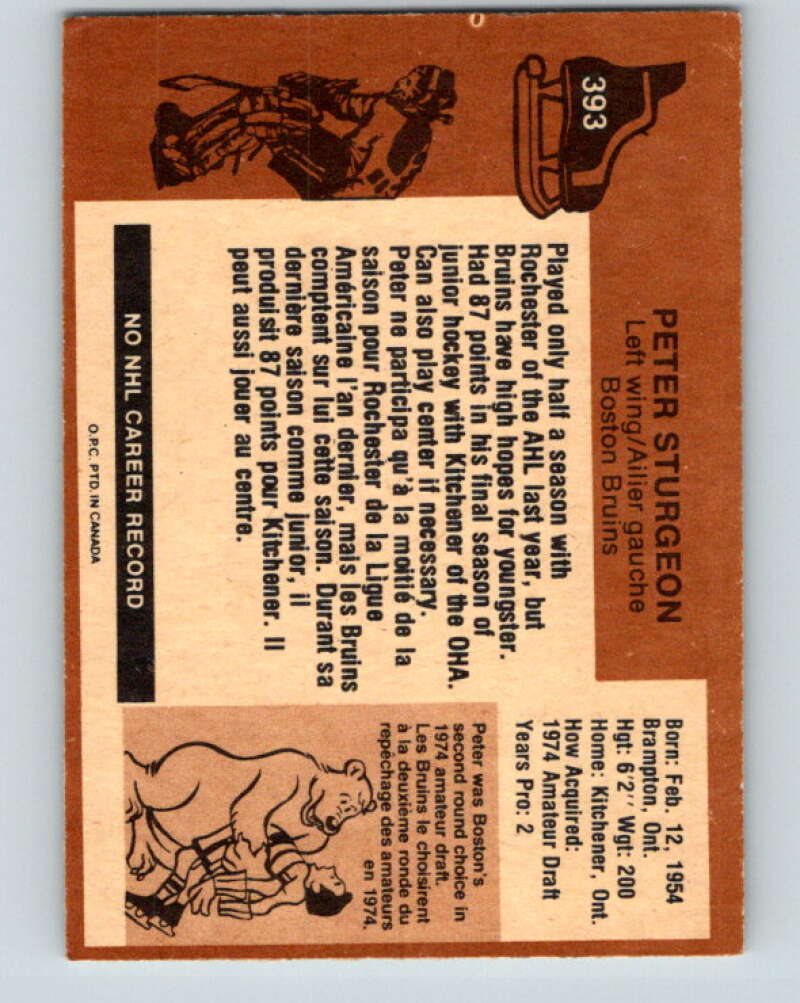 1975-76 O-Pee-Chee #393 Peter Sturgeon RC Rookie Boston Bruins V6926