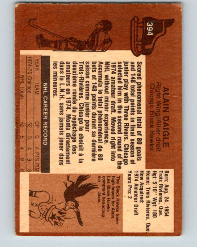 1975-76 O-Pee-Chee #394 Alain Daigle RC Rookie Chicago Blackhawks V6929