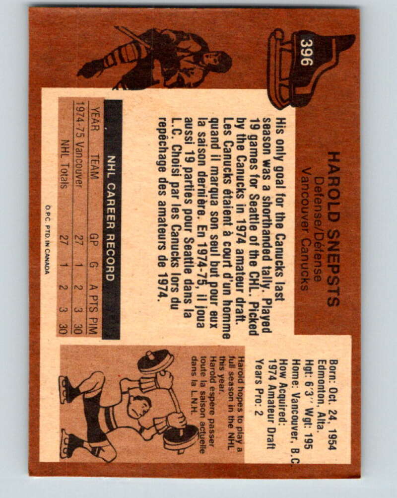1975-76 O-Pee-Chee #396 Harold Snepsts RC Rookie Vancouver Canucks V6931