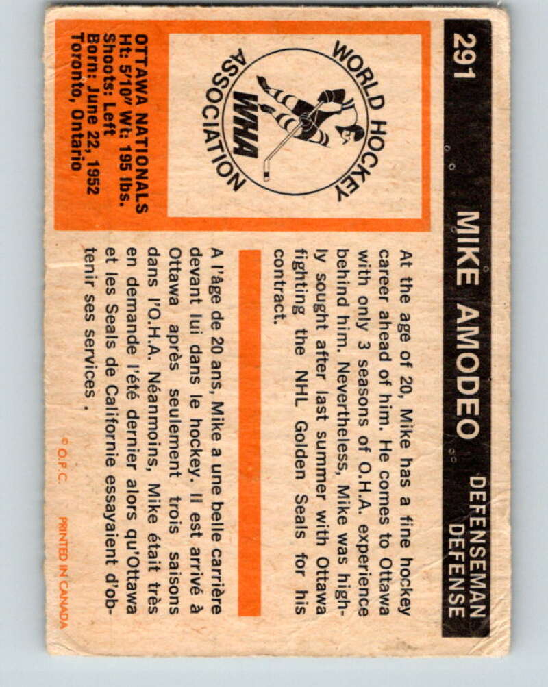1972-73 WHA O-Pee-Chee #291 Mike Amodeo RC Ottawa V6934