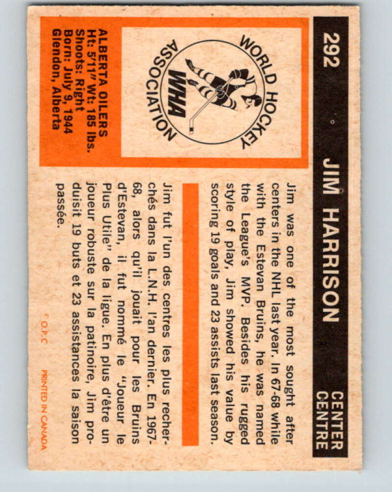 1972-73 WHA O-Pee-Chee #292 Jim Harrison Alberta Oilers V6936
