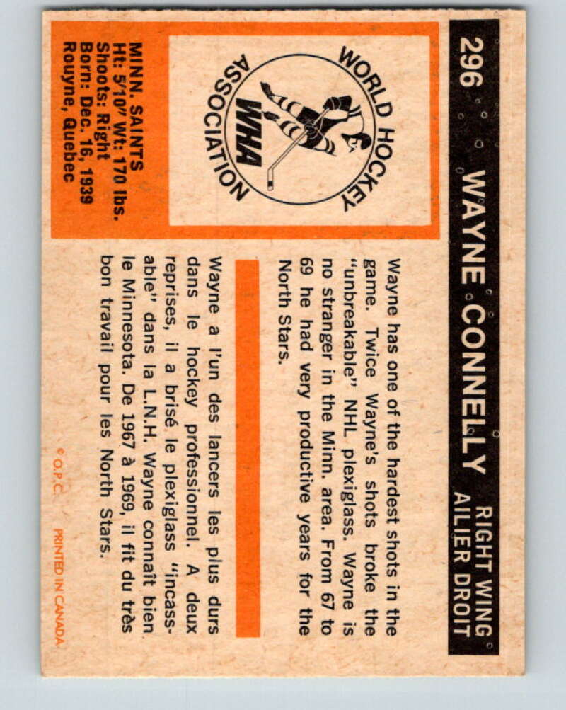 1972-73 WHA O-Pee-Chee #296 Wayne Connelly Minnesota Saints V6941