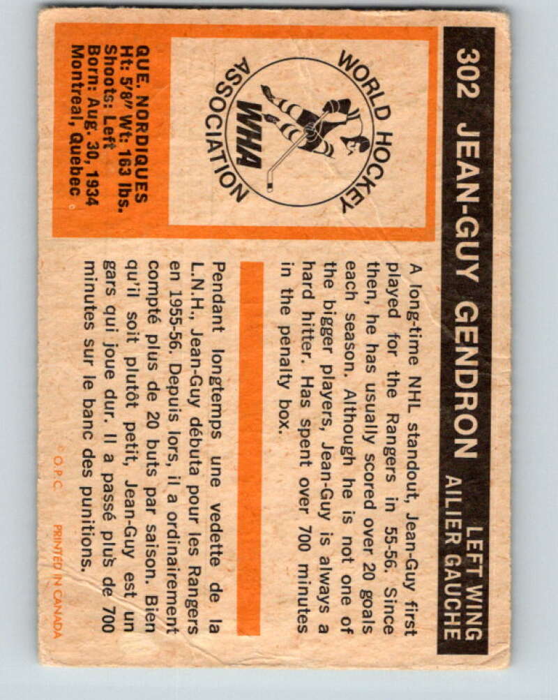 1972-73 WHA O-Pee-Chee #302 Jean-Guy Gendron Quebec Nordiques V6948