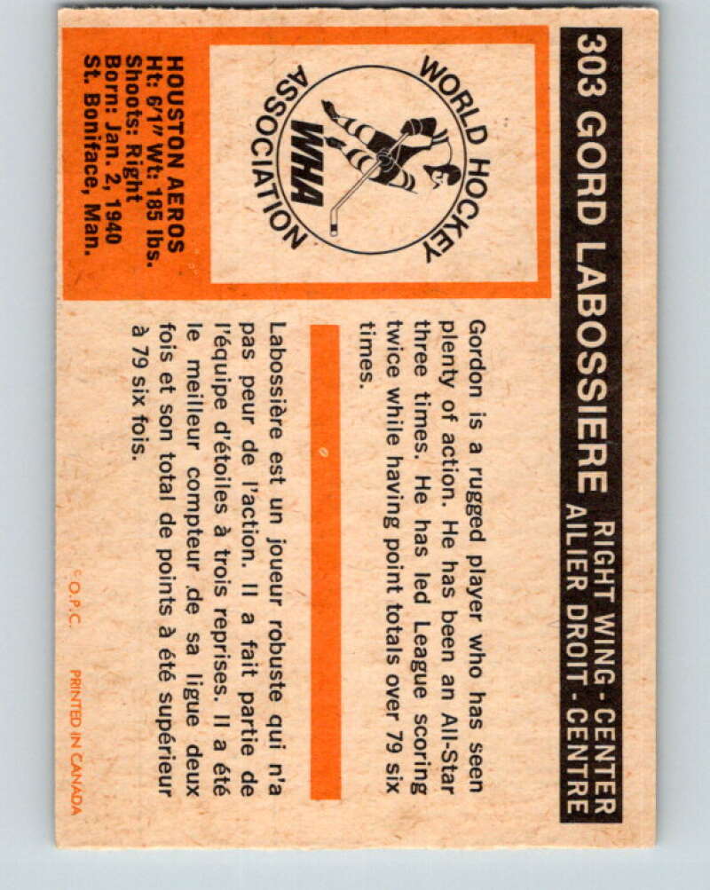 1972-73 WHA O-Pee-Chee #303 Gord Labossiere Houston Aeros V6949