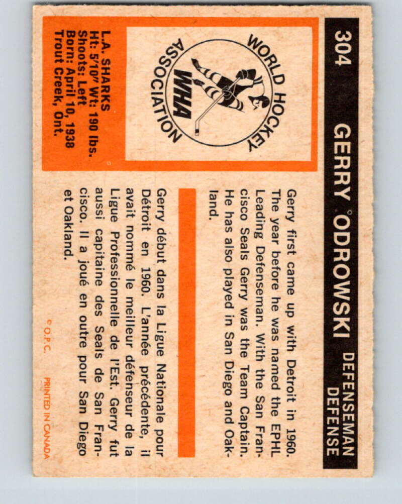 1972-73 WHA O-Pee-Chee #304 Gerry Odrowski Los Angeles Sharks V6950