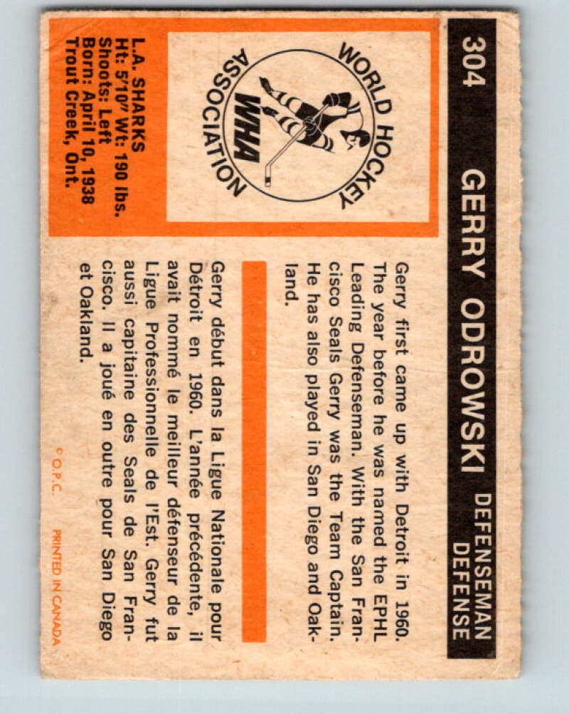 1972-73 WHA O-Pee-Chee #304 Gerry Odrowski Los Angeles Sharks V6951