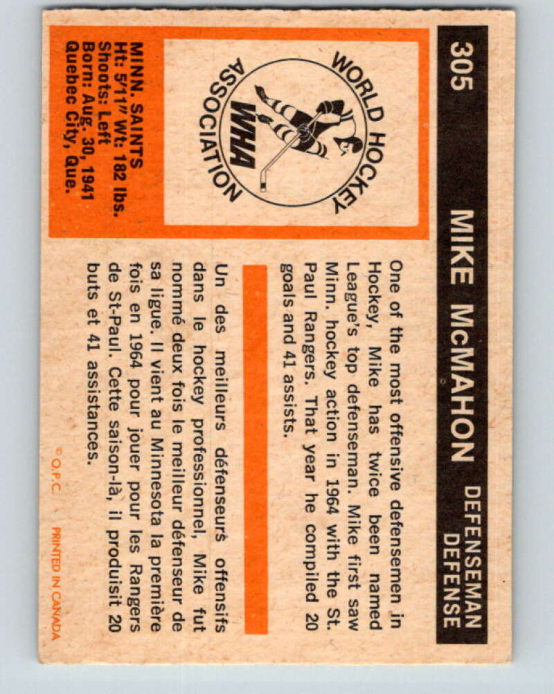 1972-73 WHA O-Pee-Chee #305 Mike McMahon Minnesota Fighting Saints V6952