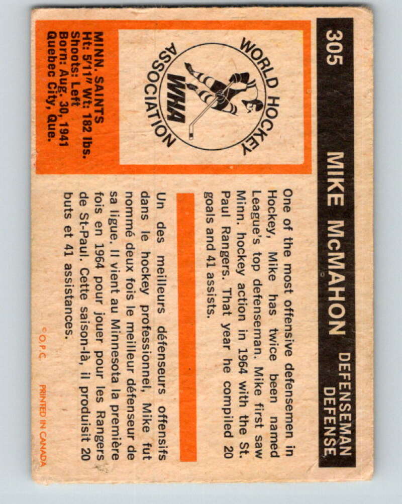 1972-73 WHA O-Pee-Chee #305 Mike McMahon Minnesota Fighting Saints V6953
