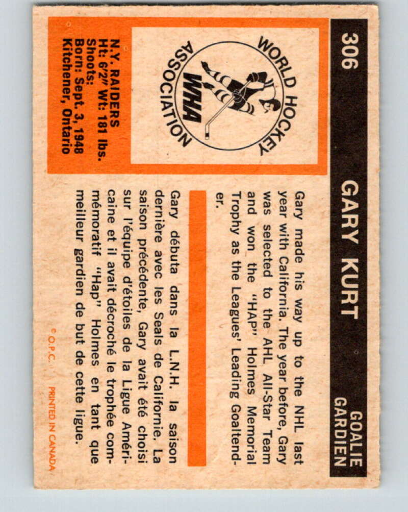 1972-73 WHA O-Pee-Chee #306 Gary Kurt New York Raiders V6955