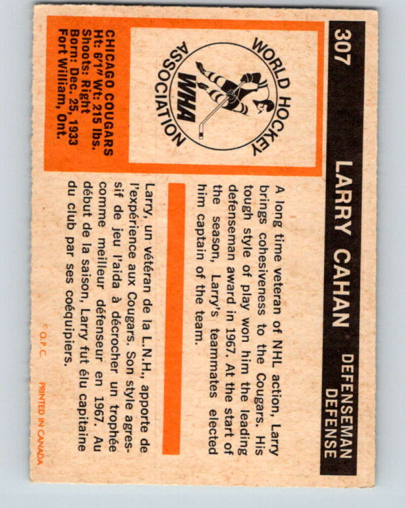 1972-73 WHA O-Pee-Chee #307 Larry Cahan Chicago Cougars V6956