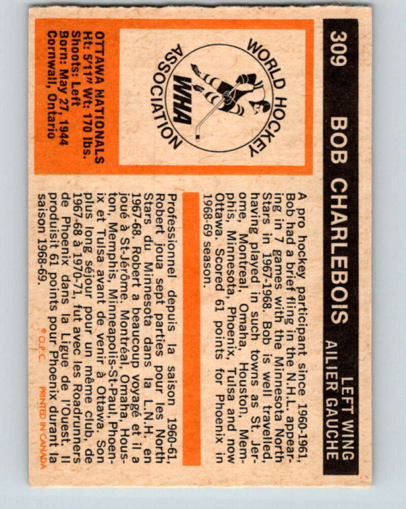 1972-73 WHA O-Pee-Chee #309 Bob Charlebois RC Rookie Ottawa Nationals V6957