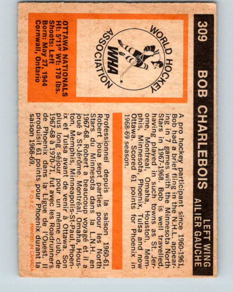 1972-73 WHA O-Pee-Chee #309 Bob Charlebois RC Rookie Ottawa Nationals V6958