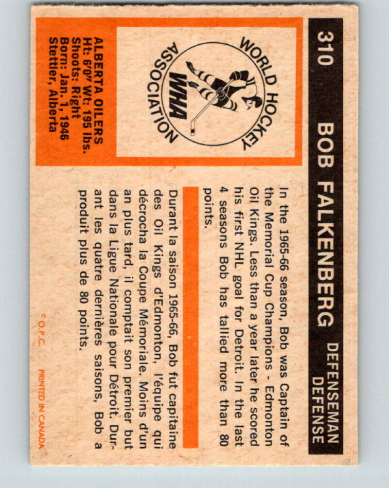 1972-73 WHA O-Pee-Chee #310 Bob Falkenberg Alberta Oilers V6959
