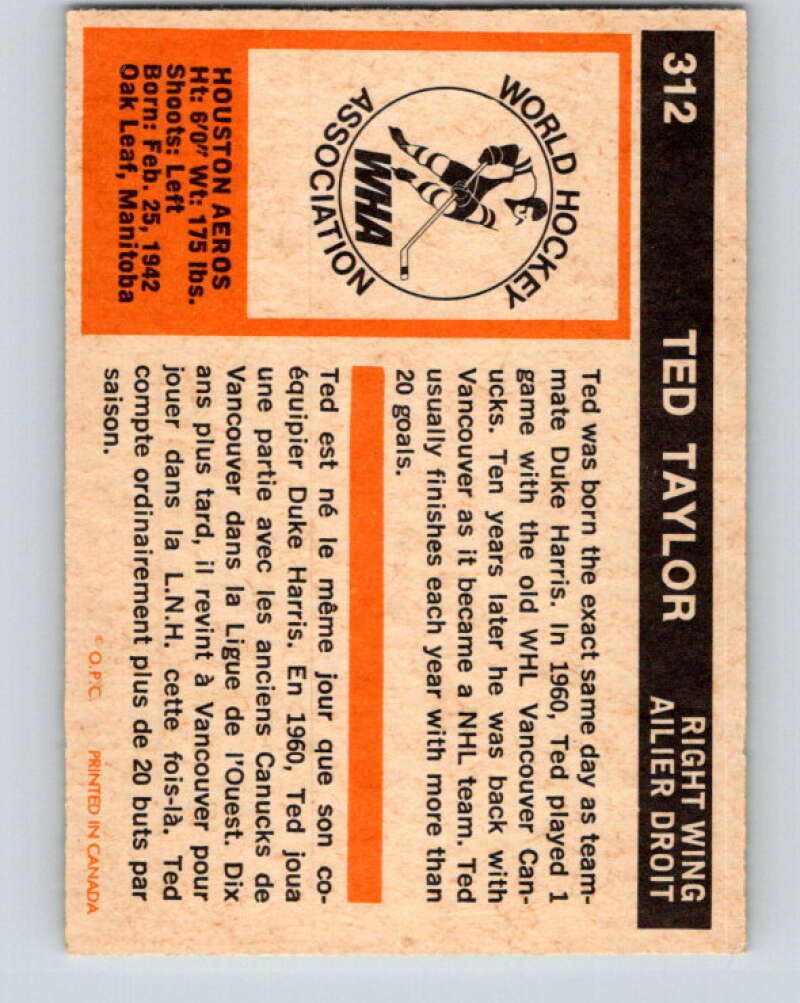 1972-73 WHA O-Pee-Chee #312 Ted Taylor Houston Aeros V6962