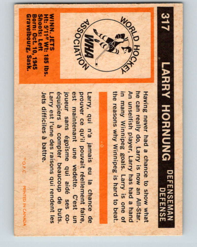1972-73 WHA O-Pee-Chee #317 Larry Hornung RC Rookie Winnipeg Jets V6972