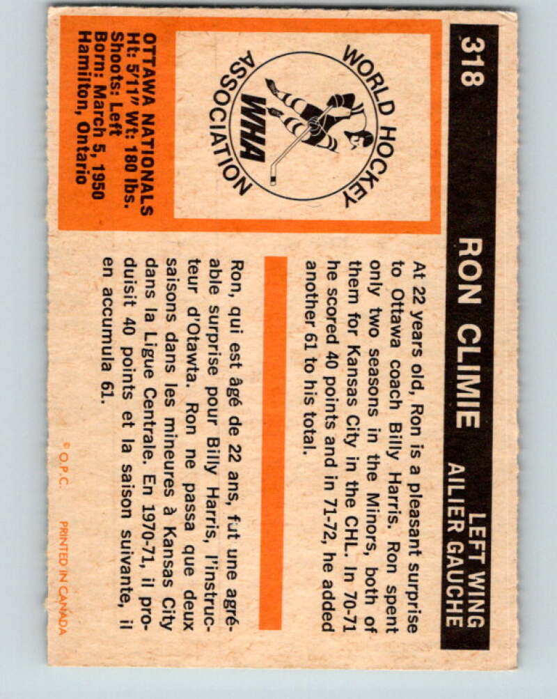 1972-73 WHA O-Pee-Chee #318 Ron Climie RC Rookie Ottawa Nationals V6973