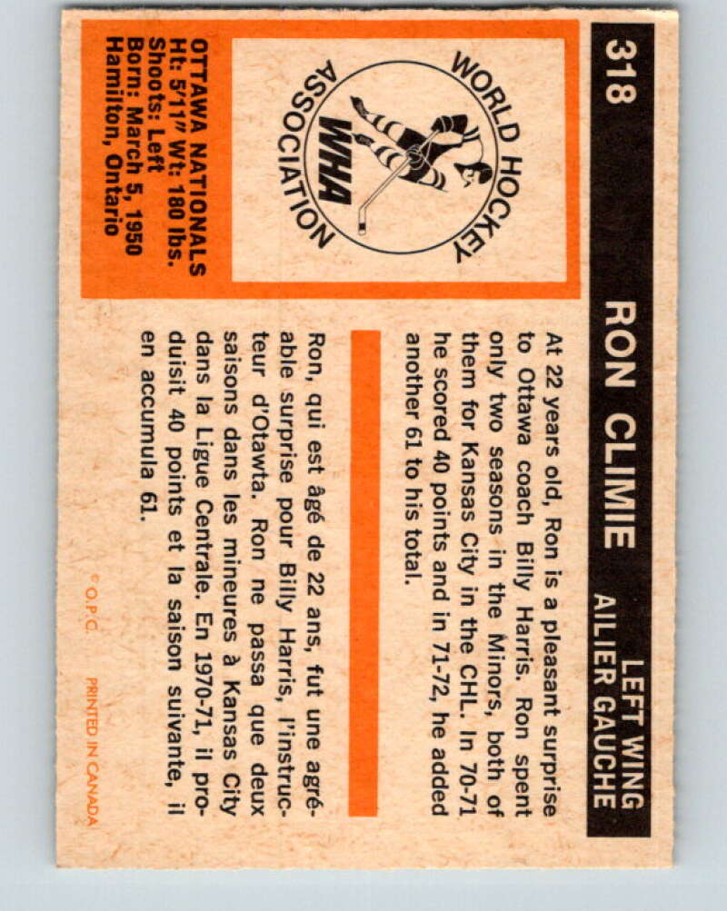 1972-73 WHA O-Pee-Chee #318 Ron Climie RC Rookie Ottawa Nationals V6974