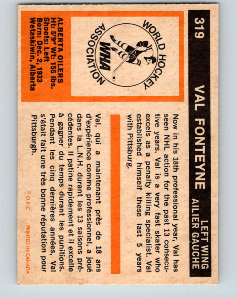 1972-73 WHA O-Pee-Chee #319 Val Fonteyne Alberta Oilers V6975