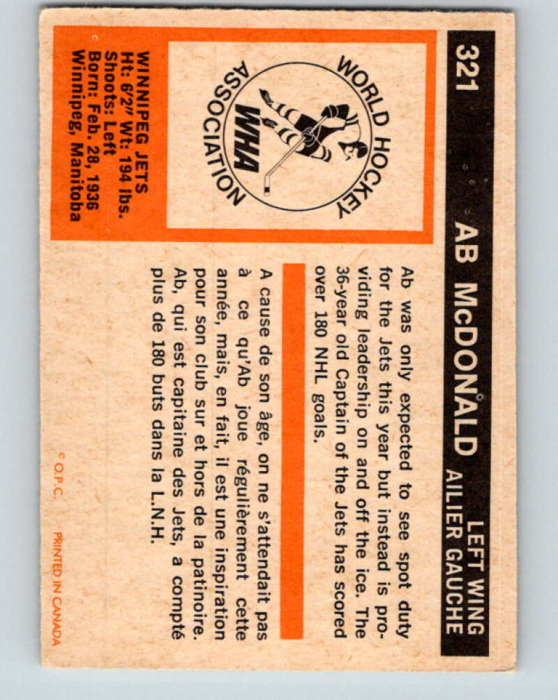 1972-73 WHA O-Pee-Chee #321 Ab McDonald Winnipeg Jets V6978