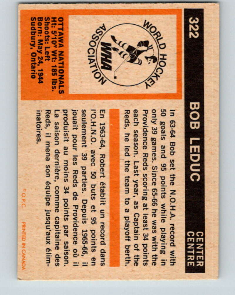 1972-73 WHA O-Pee-Chee #322 Bob Leduc RC Rookie Ottawa Nationals V6979