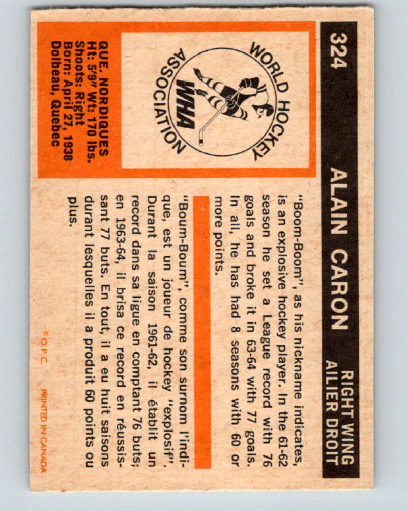 1972-73 WHA O-Pee-Chee #324 Alain Caron RC Rookie Quebec Nordiques V6982