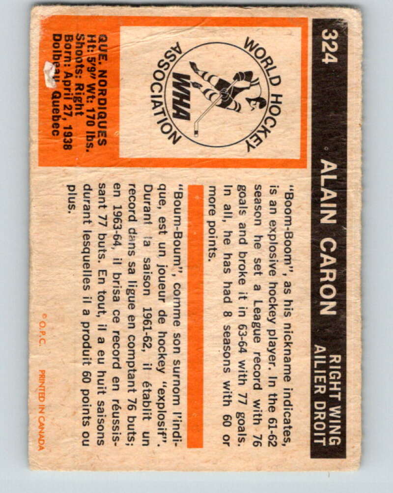 1972-73 WHA O-Pee-Chee #324 Alain Caron RC Rookie Quebec Nordiques V6983