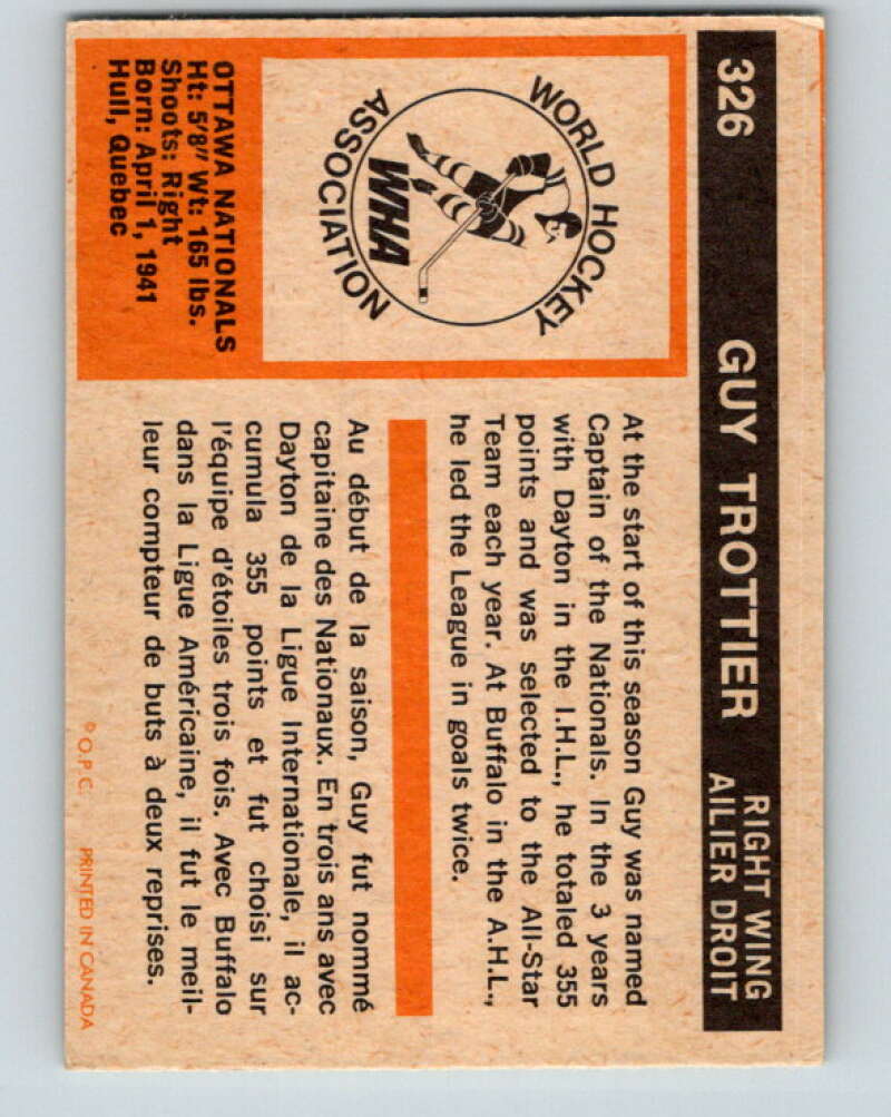 1972-73 WHA O-Pee-Chee #326 Guy Trottier Ottawa Nationals V6985