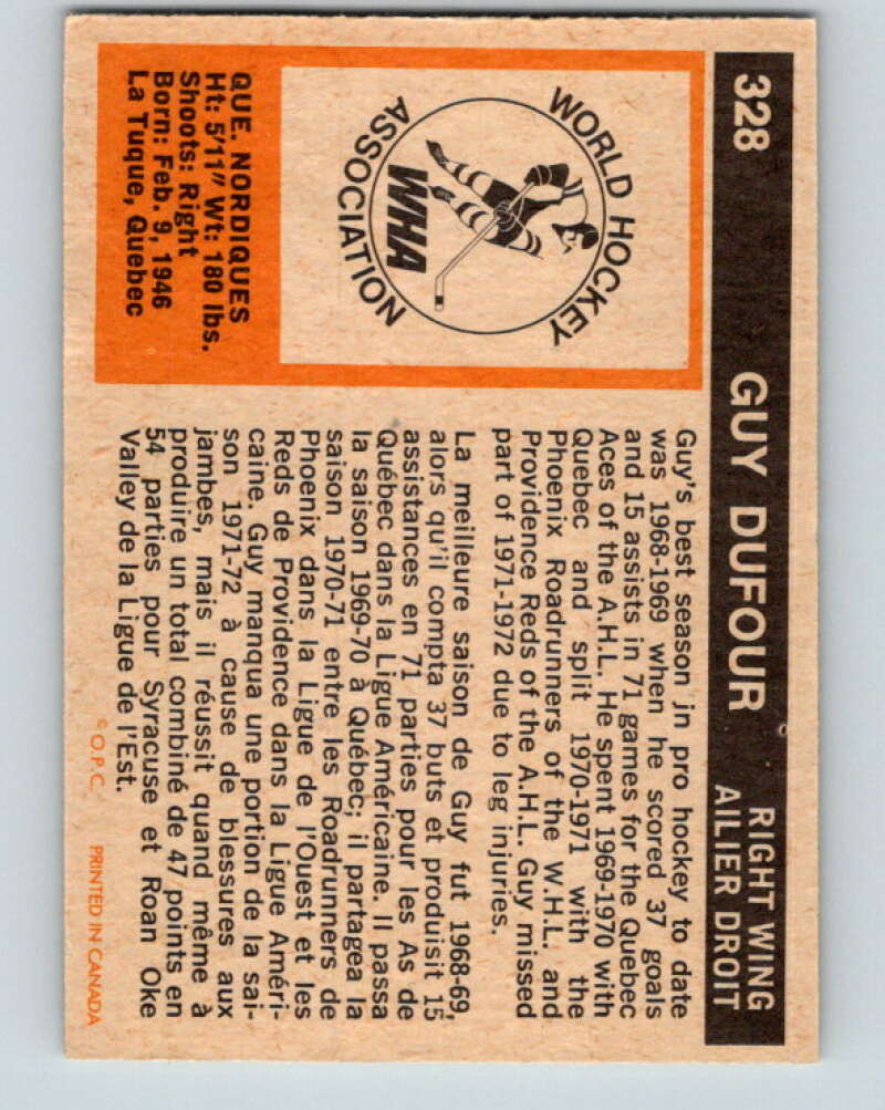 1972-73 WHA O-Pee-Chee #328 Guy Dufour RC Rookie Quebec Nordiques V6987