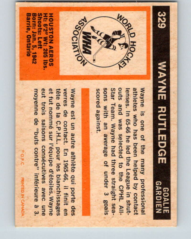 1972-73 WHA O-Pee-Chee #329 Wayne Rutledge RC Rookie Houston Aeros V6988