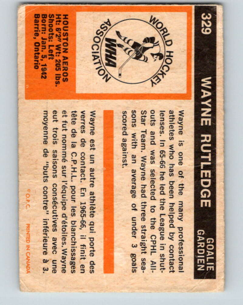 1972-73 WHA O-Pee-Chee #329 Wayne Rutledge RC Rookie Houston Aeros V6989