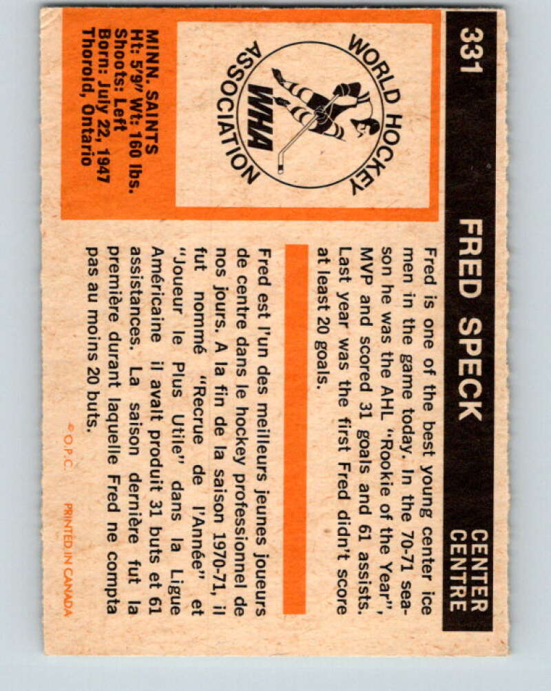 1972-73 WHA O-Pee-Chee #331 Fred Speck RC Minnesota Saints V6991