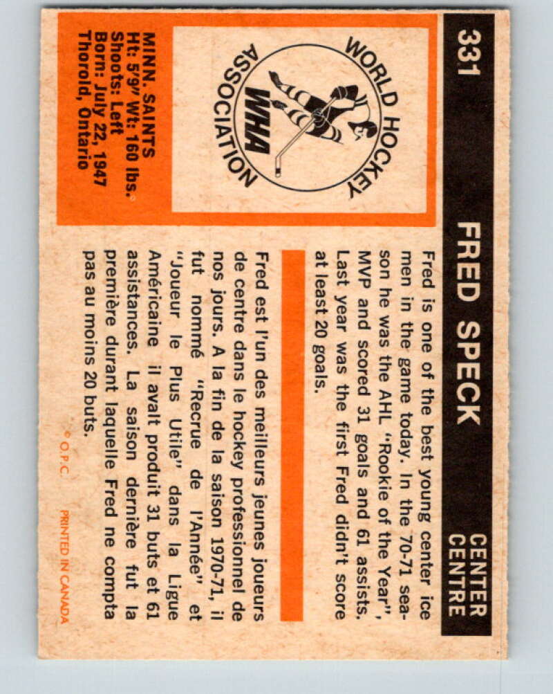 1972-73 WHA O-Pee-Chee #331 Fred Speck RC Minnesota Saints V6992