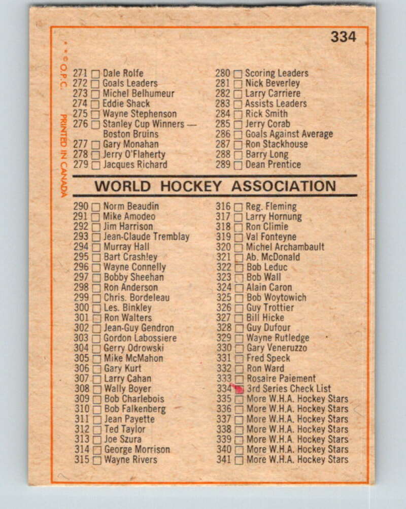 1972-73 WHA O-Pee-Chee #334 Checklist V6996