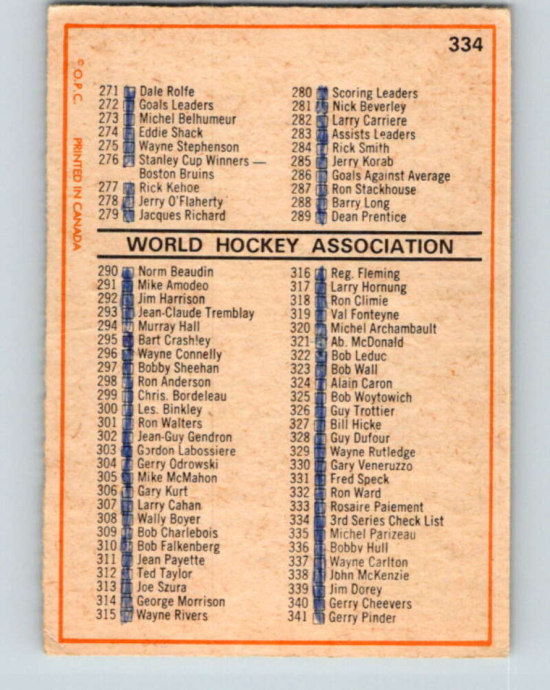 1972-73 WHA O-Pee-Chee #334 Checklist V6997