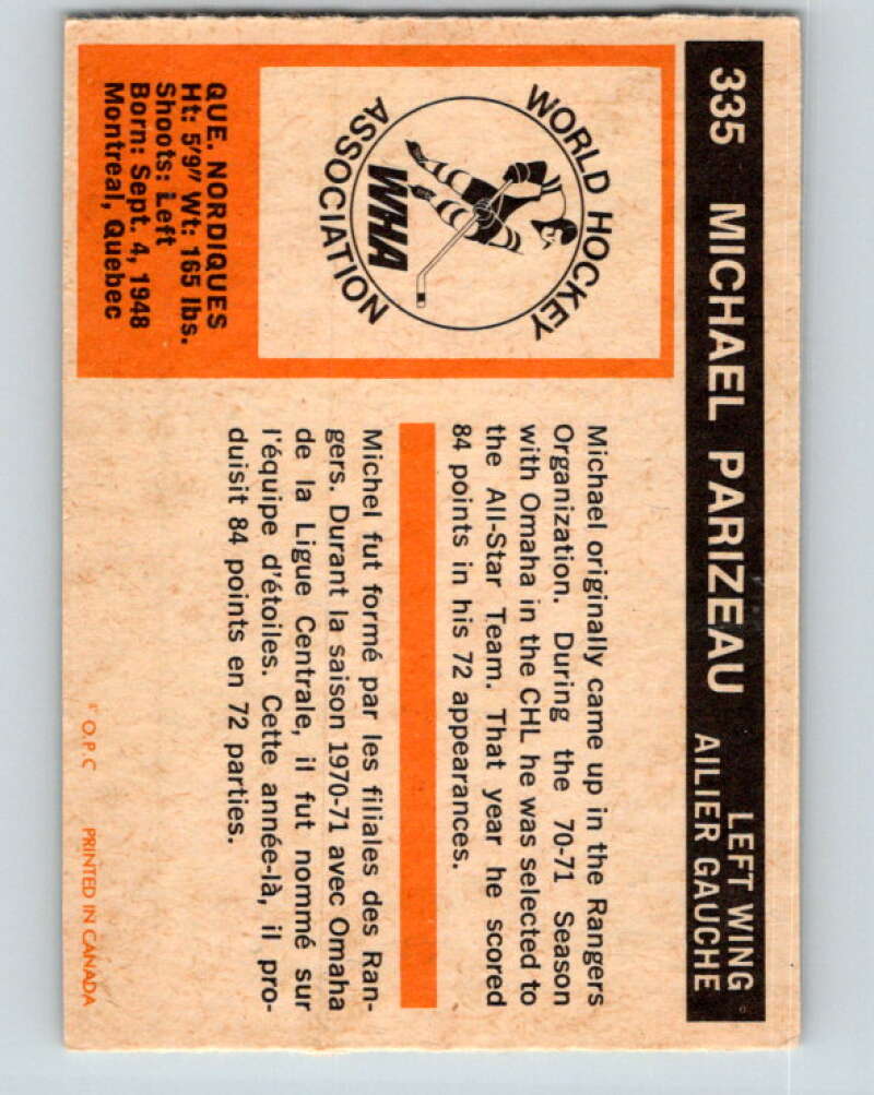 1972-73 WHA O-Pee-Chee #335 Michel Parizeau RC Nordiques V6998