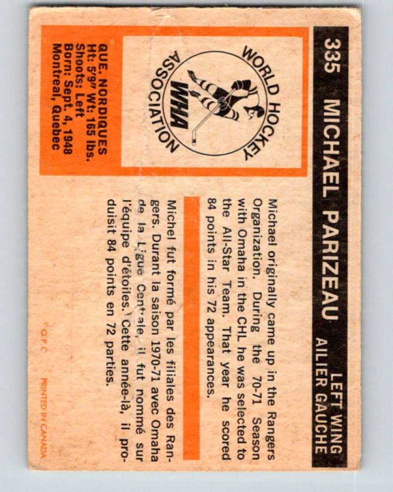 1972-73 WHA O-Pee-Chee #335 Michel Parizeau RC Nordiques V6999