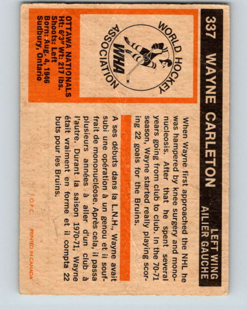 1972-73 WHA O-Pee-Chee #337 Wayne Carleton Ottawa Nationals V7001