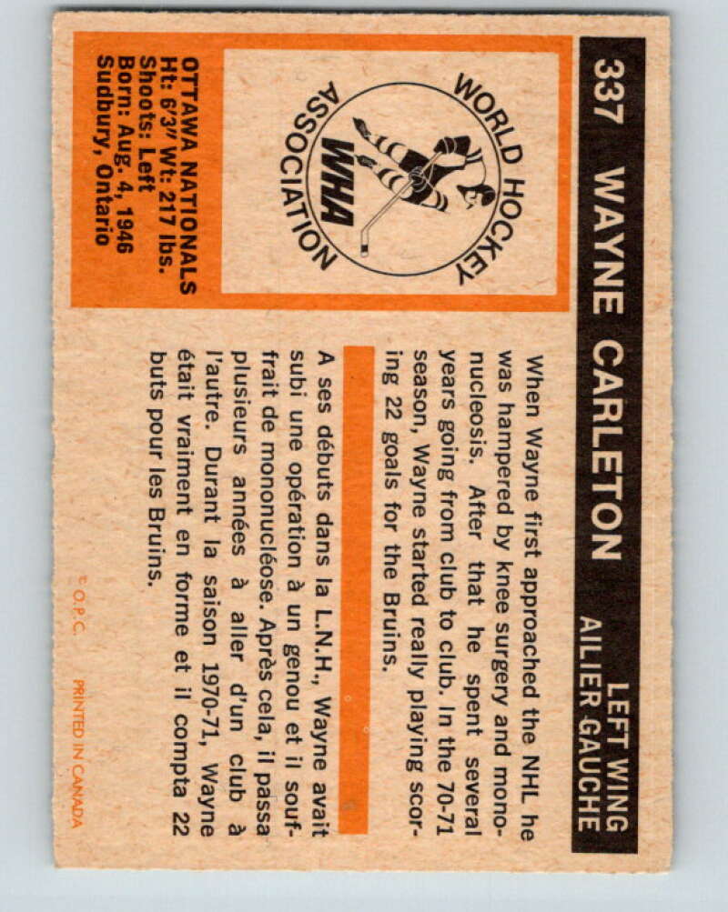 1972-73 WHA O-Pee-Chee #337 Wayne Carleton Ottawa Nationals V7002
