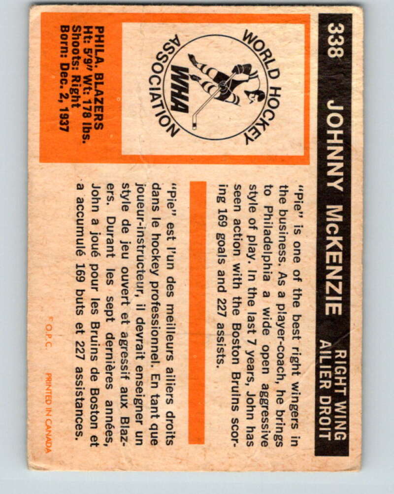 1972-73 WHA O-Pee-Chee #338 John McKenzie Philadelphia Blazers V7005