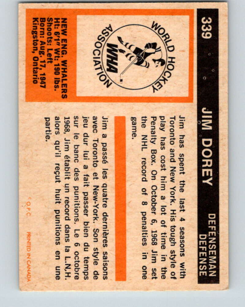1972-73 WHA O-Pee-Chee #339 Jim Dorey New England Whalers V7006