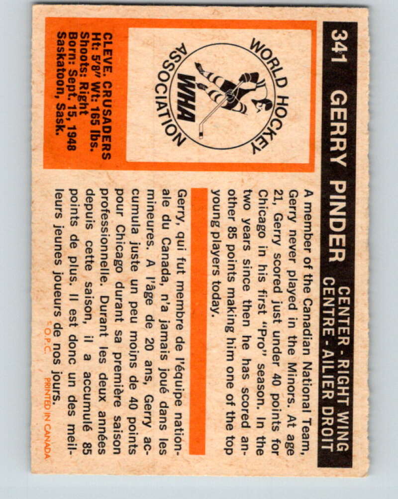 1972-73 WHA O-Pee-Chee #341 Gerry Pinder Cleveland Crusaders V7009