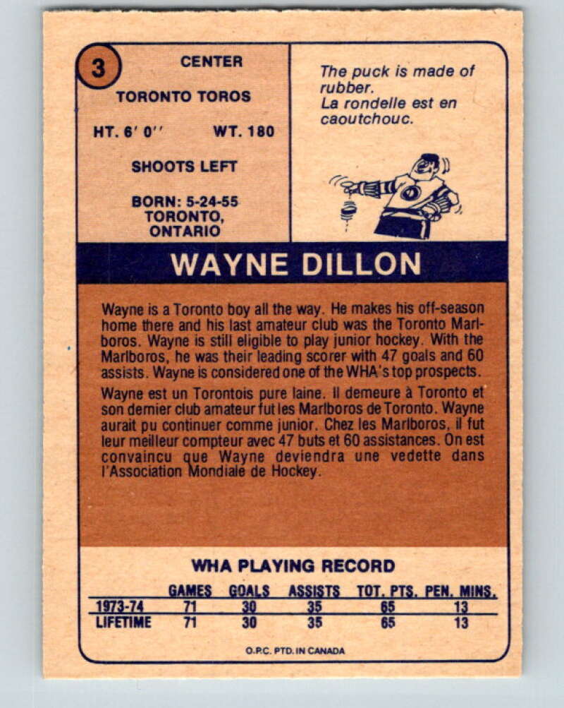 1974-75 WHA O-Pee-Chee #3 Wayne Dillon RC Rookie Toronto V7015