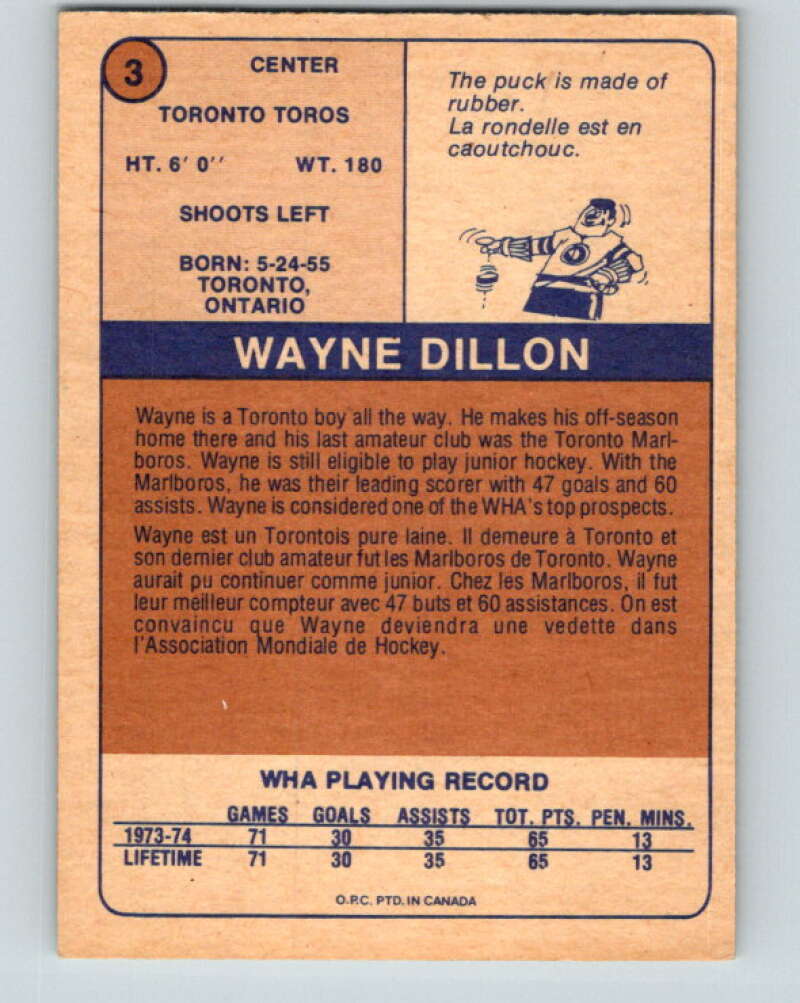 1974-75 WHA O-Pee-Chee #3 Wayne Dillon RC Rookie Toronto V7016