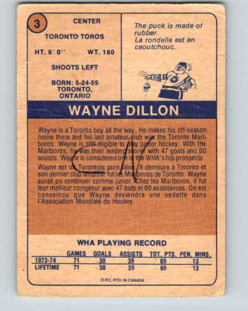 1974-75 WHA O-Pee-Chee #3 Wayne Dillon RC Rookie Toronto V7017