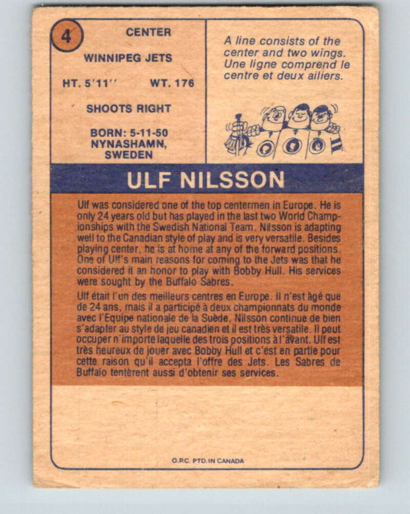 1974-75 WHA O-Pee-Chee #4 Ulf Nilsson RC Rookie Winnipeg Jets V7018