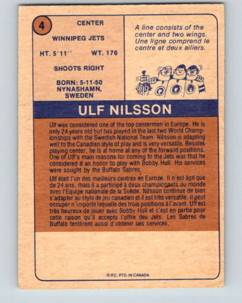 1974-75 WHA O-Pee-Chee #4 Ulf Nilsson RC Rookie Winnipeg Jets V7019