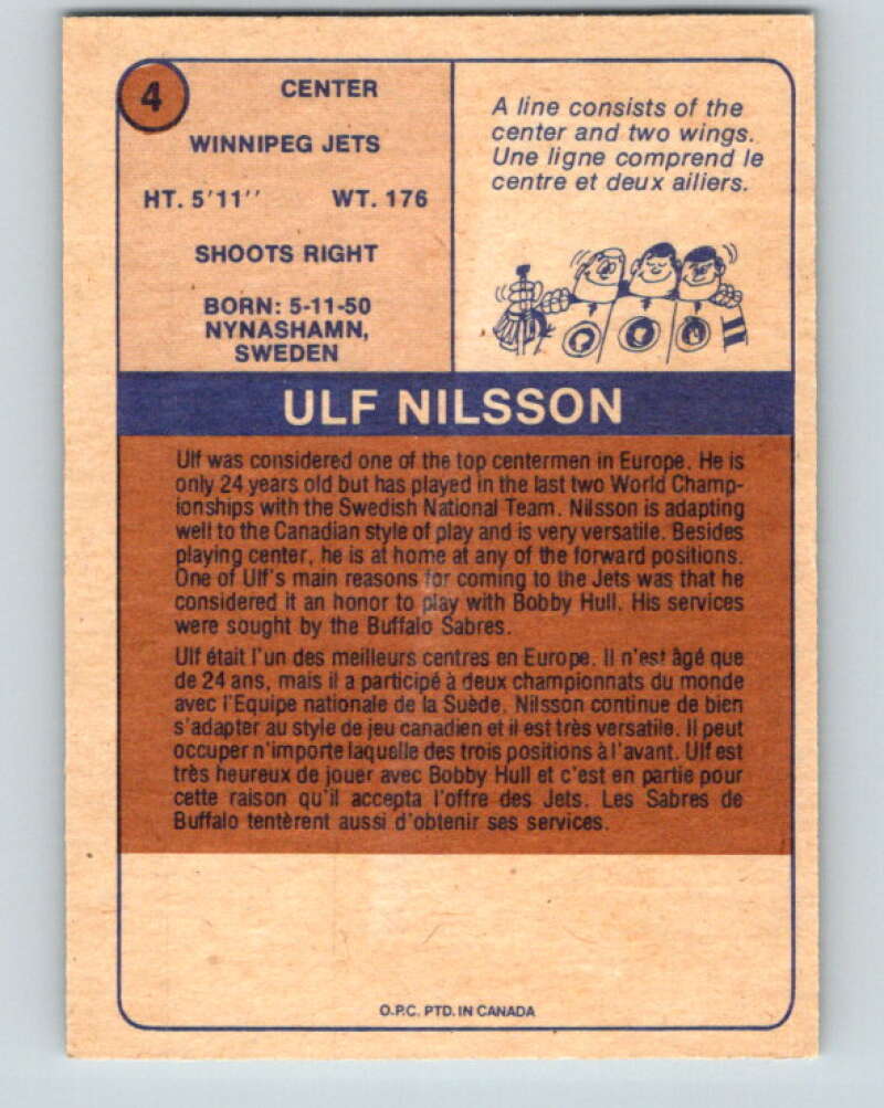 1974-75 WHA O-Pee-Chee #4 Ulf Nilsson RC Rookie Winnipeg Jets V7020