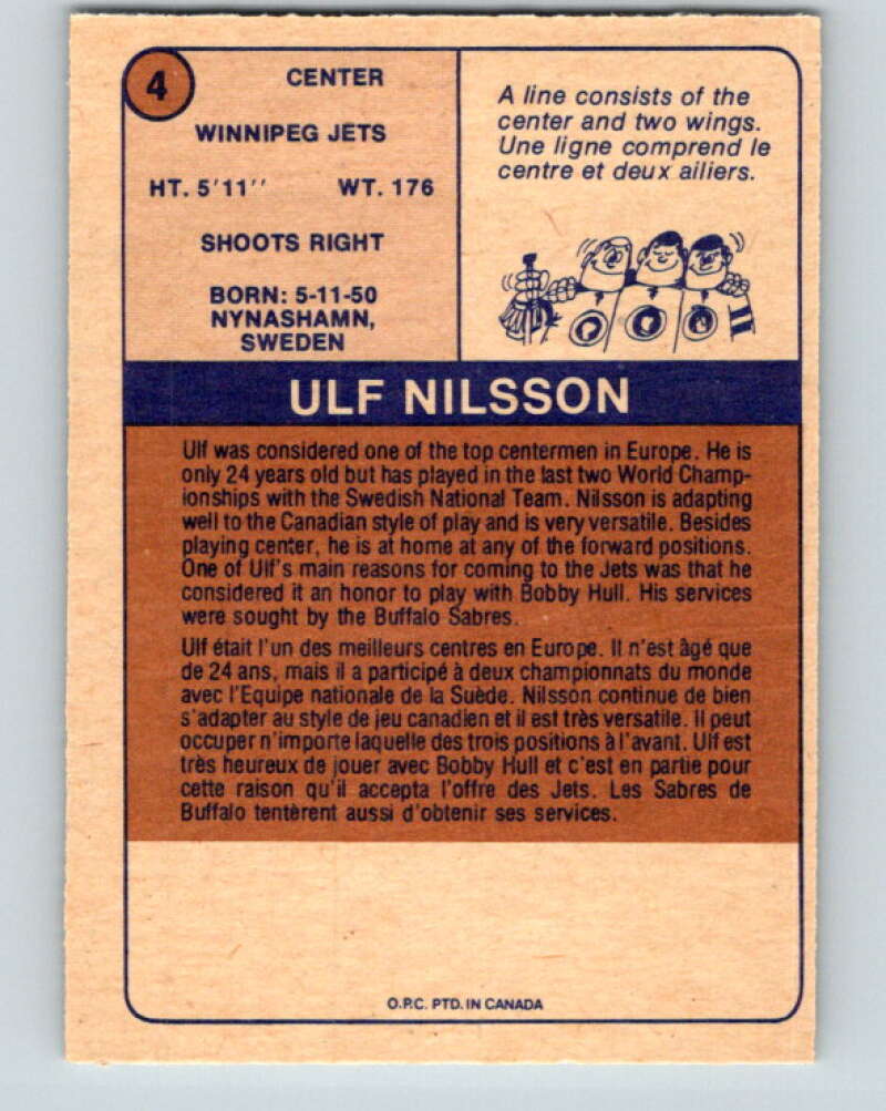1974-75 WHA O-Pee-Chee #4 Ulf Nilsson RC Rookie Winnipeg Jets V7021