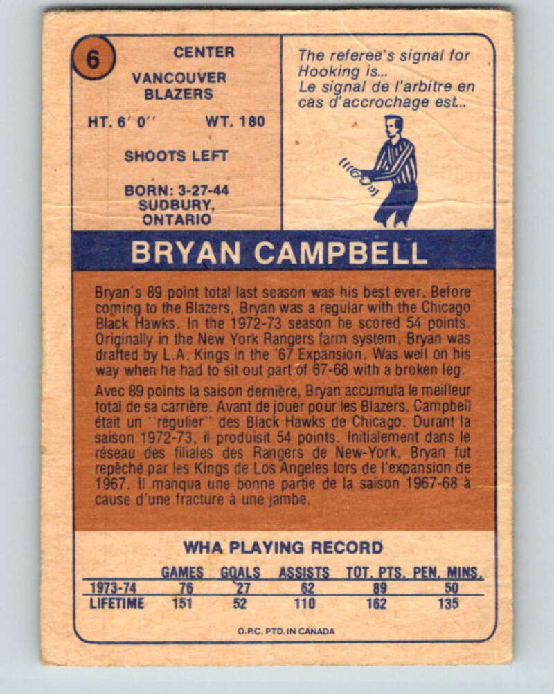 1974-75 WHA O-Pee-Chee #6 Bryan Campbell Vancouver Blazers V7025
